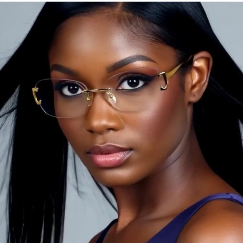 Women Modern Sophisticated SUNGLASSES Rimless Gold Frame Clear Lens Female Ladys